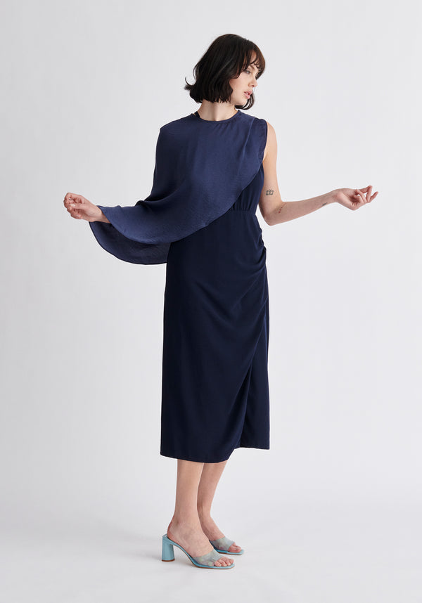 Paisie Detachable Cape Dress in Navy